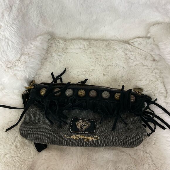 Ed Hardy Vintage Black Cow Leather Canvas Fringe Studded Clutch Wristlet - Picture 3 of 17